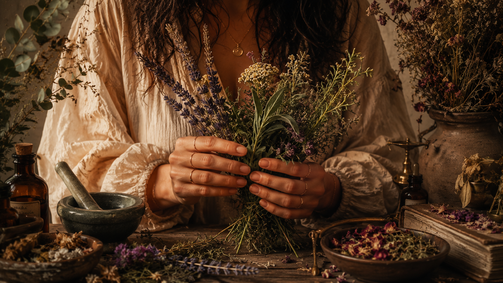 Hands holding a fresh-cut bundle of lavender, sage, and yarrow over an apothecary table