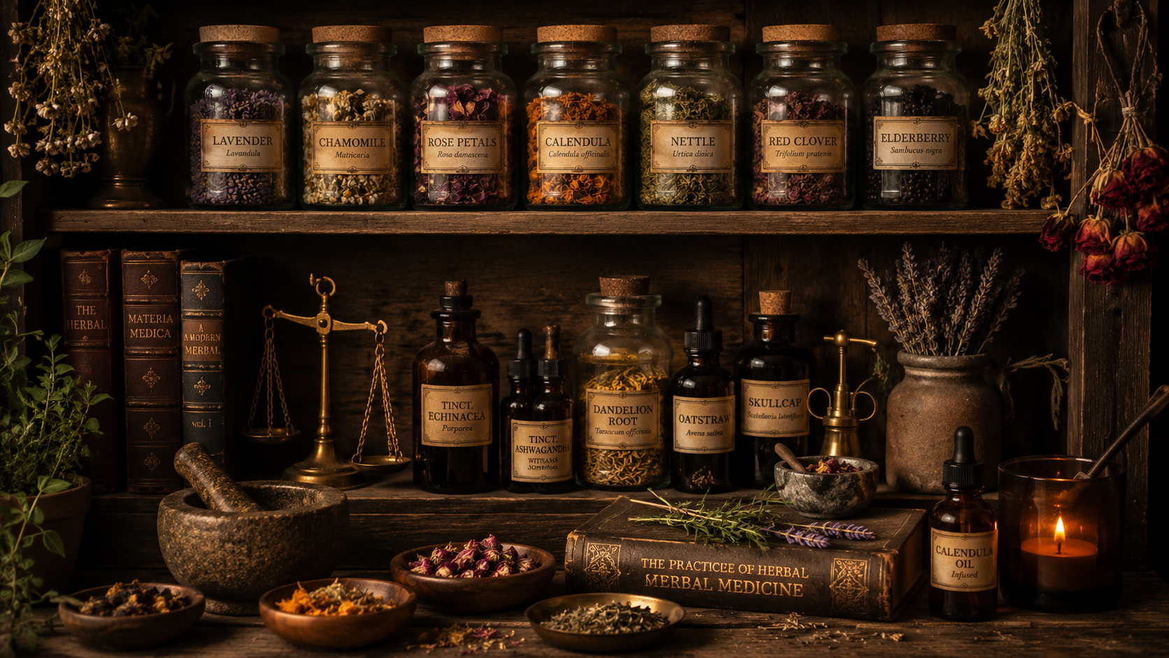 Apothecary shelf with labeled glass jars of lavender, chamomile, rose petals, calendula, nettle, red clover, and elderberry above tincture bottles, mortar and pestle, herbal books, and brass scales
