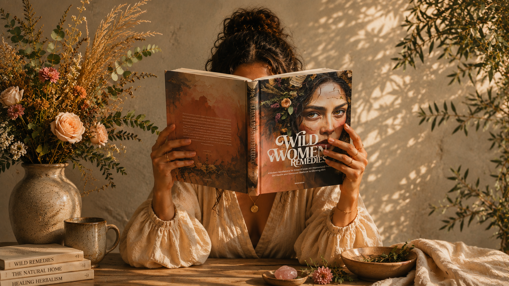 Woman holding the Wild Women Remedies book in golden hour light, surrounded by botanicals