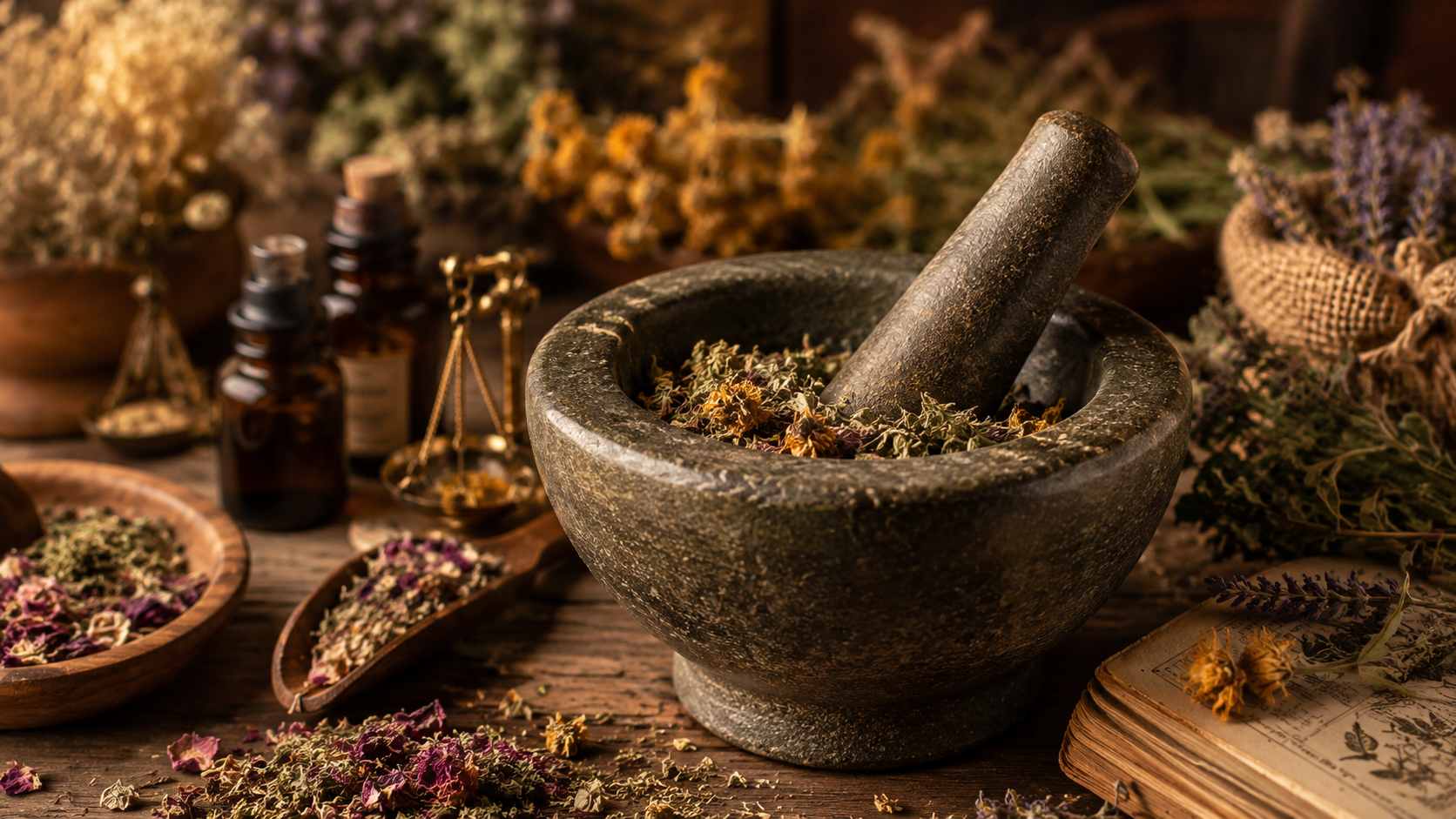 Stone mortar and pestle filled with dried herbs, surrounded by apothecary bottles, dried flowers, and an antique herbal journal
